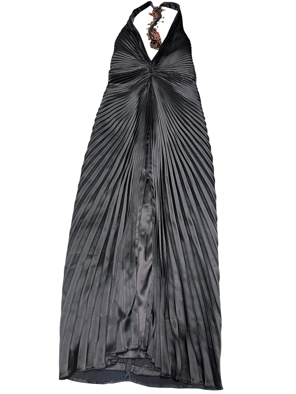 Carmen Marc Valvo Collection black pleated halter neck maxi dress beaded straps